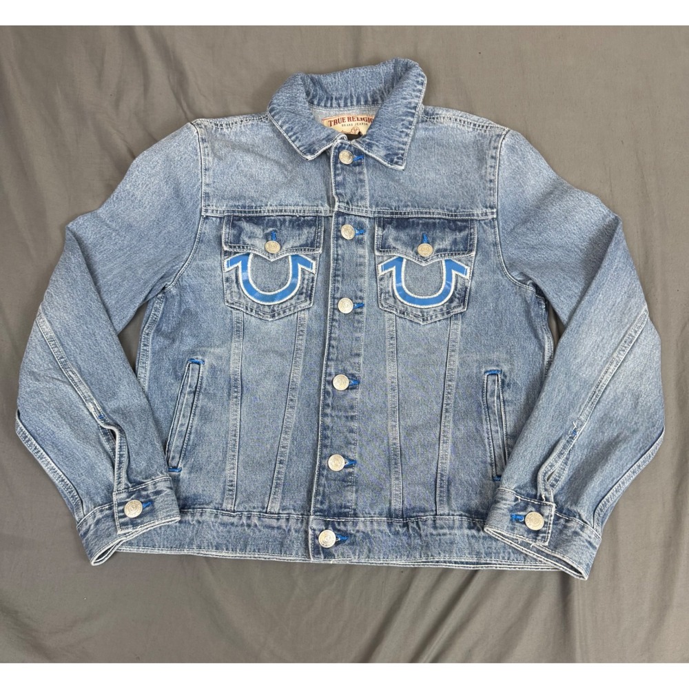True‎ Religion Mens Applique SN Denim Jacket Light Pacific Wash 701192 Small NWT